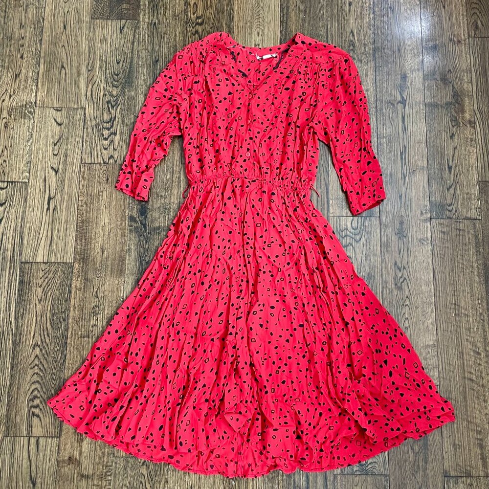 Vintage 80s Karin Stevens Red Midi Dress Abstract Print Button Front Rayon M